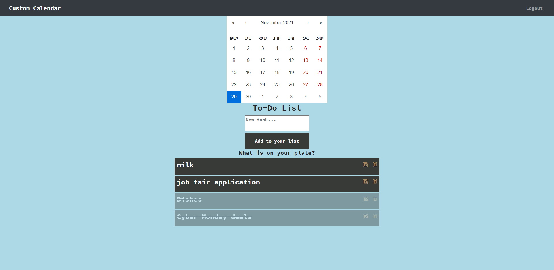 Custom Calendar Homepage